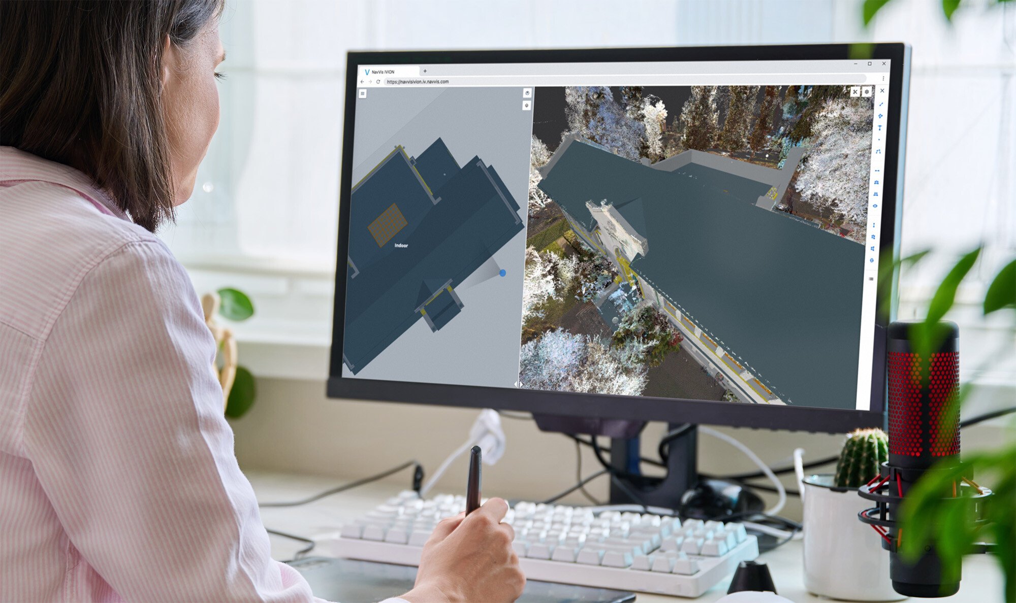 Point cloud and BIM model of a building shown in NavVis IVION
